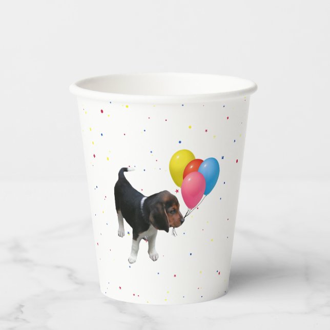 Beagle-Welpe mit Balloons Papierstaufeln Pappbecher (Vorderseite)