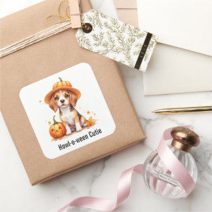 Beagle-Welpe mit Kürbishut Halloween-Aquarell Quadratischer Aufkleber