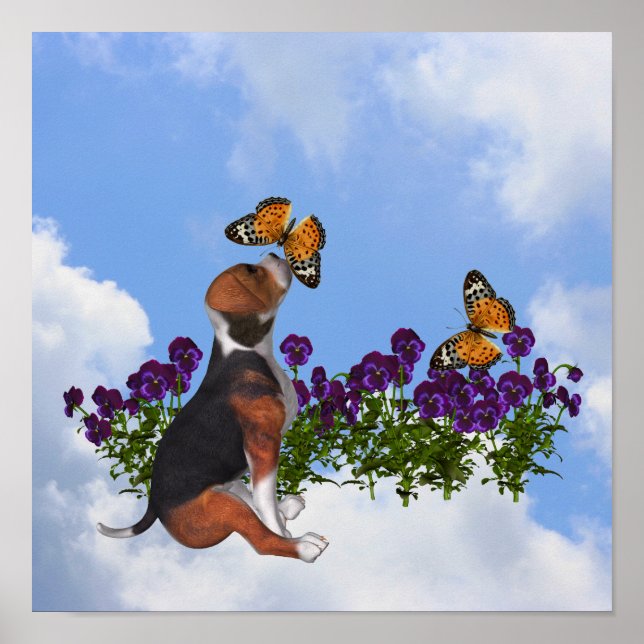 Beagle Welpe mit Schmetterlingen und Blume Poster (Vorne)