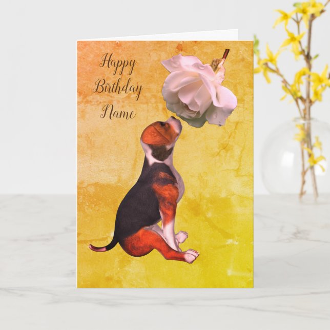 Beagle Welpe Rose Personalisierter Geburtstag Karte (Gelbe Blume)