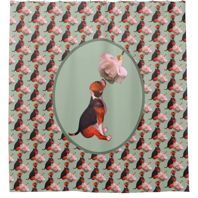 Beagle Welpe White Rose Duschvorhang (Vorderseite)