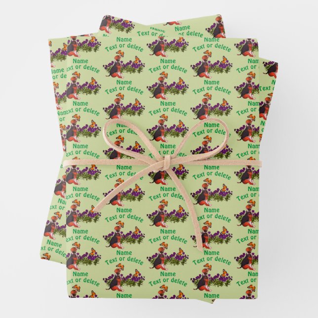 Beagle Welpenschmetterlinge Blume Personalisiert Geschenkpapier Set (Beispiel)