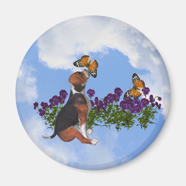 Beagle Welpenschmetterlinge Blume Tiermagazin Magnet (Vorne)