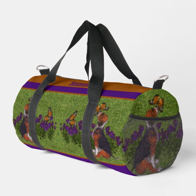Beagle Welpenschmetterlinge Hunde Kunst Personalis Duffle Bag (Rechte Ecke)
