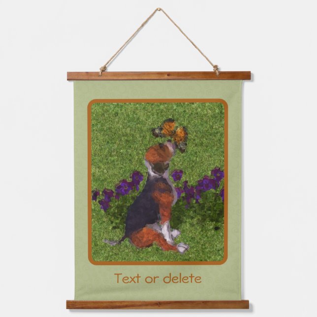 Beagle Welpenschmetterlinge Hunde Kunst Personalis Wandteppich Mit Holzrahmen (Vorderseite)