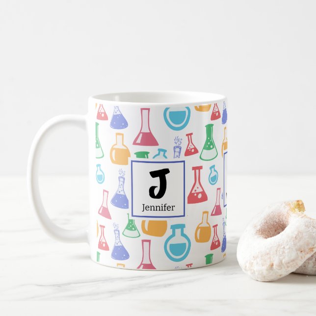 Beakers and Flask Fun Science Pattern Monogram Kaffeetasse (Mit Donut)