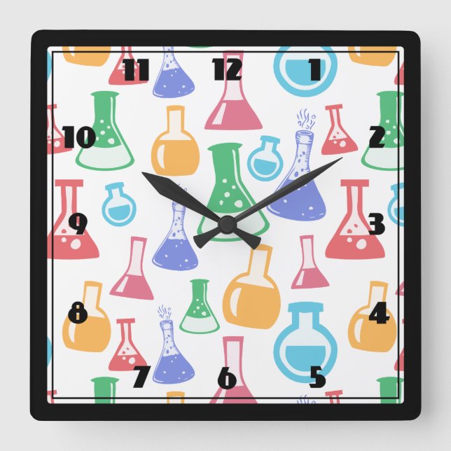 Beakers and Flask Fun Science Pattern Quadratische Wanduhr (Vorderseite)