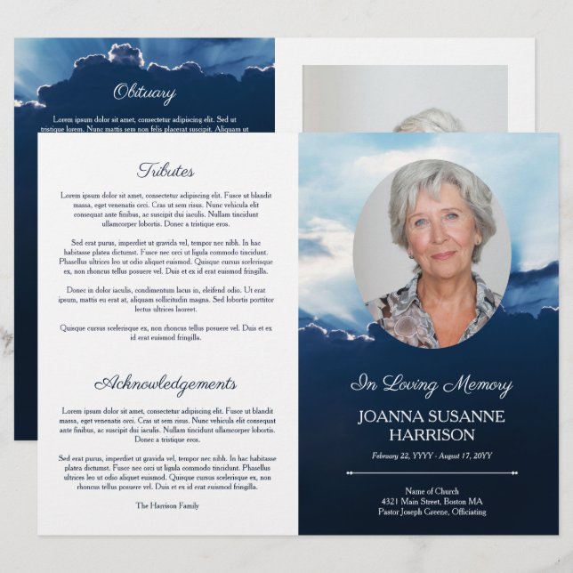 Beams of Light Oval Foto Blue Funerary Program (Vorne/Hinten)