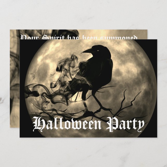Beängstigend Black Raven Full Moon Halloween-Party Einladung (Vorne/Hinten)
