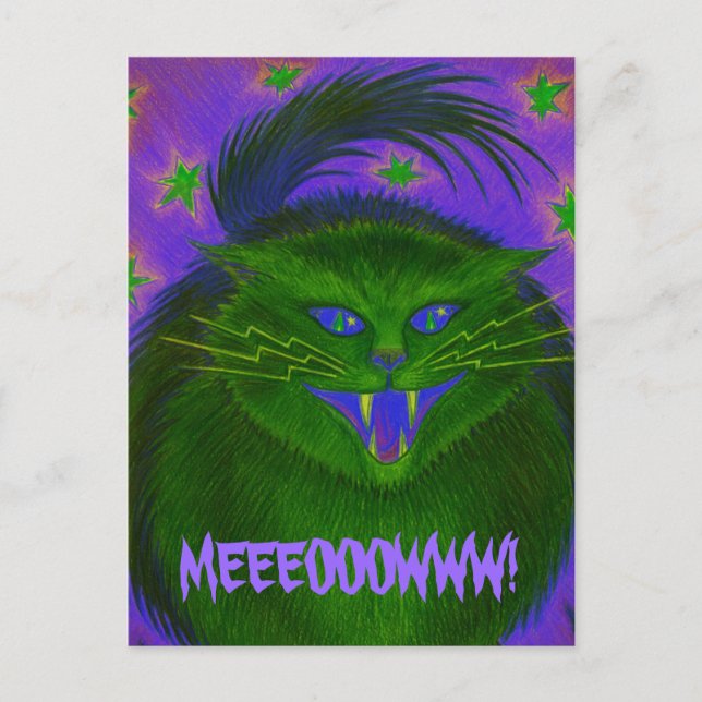 Beängstigend Cat Green 'MEEEOOOOWWW' Postkarte (Vorderseite)