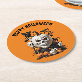 Beängstigend Happy Halloween Skull-Design Runder Pappuntersetzer