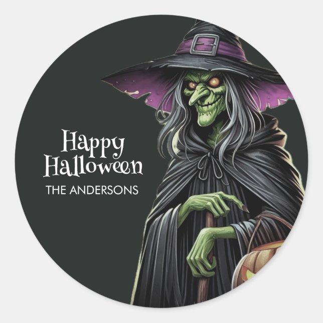 Beängstigend-Hexe-Themed Halloween Runder Aufkleber (Vorderseite)