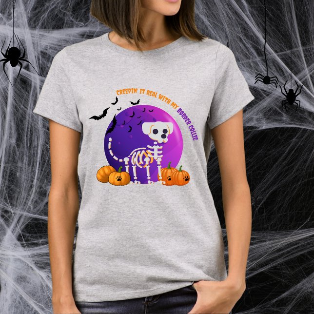 Beängstigende Border Collie Full Moon Halloween T  T-Shirt (Spooky Halloween t-shirt with a dog skeleton, full moon, pumpkins, bats, and your favorite dog breed)