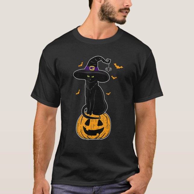Beängstigende Halloween Black Cat Witch Hat Cat Ei T-Shirt (Vorderseite)