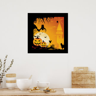 Beängstigende Halloween-Kürbis und Vollmond Poster