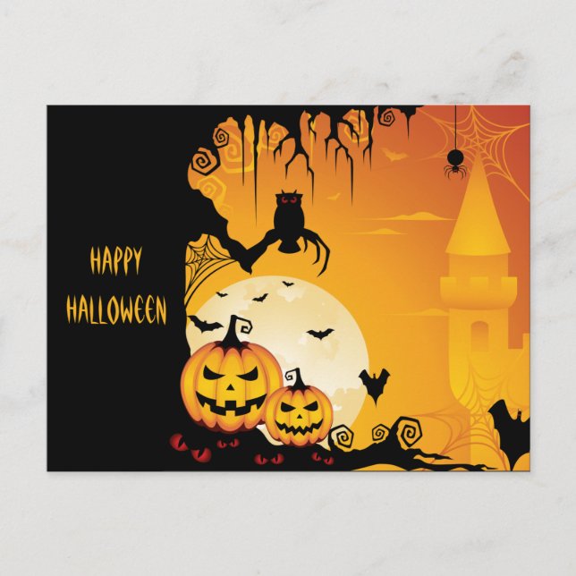Beängstigende Halloween-Kürbis und Vollmond Postkarte (Vorderseite)