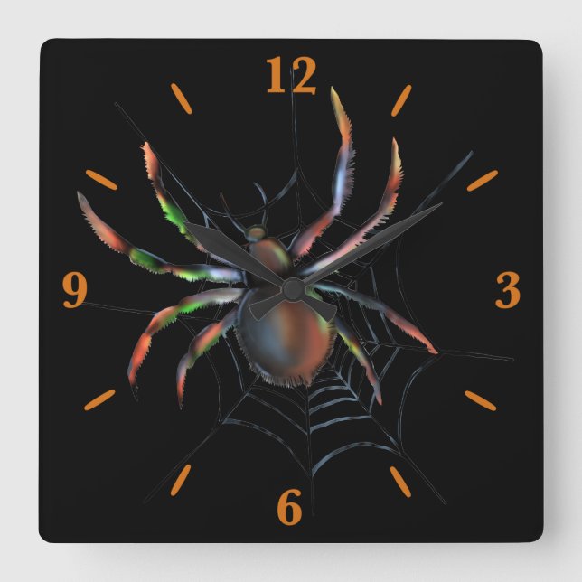 Beängstigende Halloween-Metallspinne und Webspinne Quadratische Wanduhr (Vorderseite)