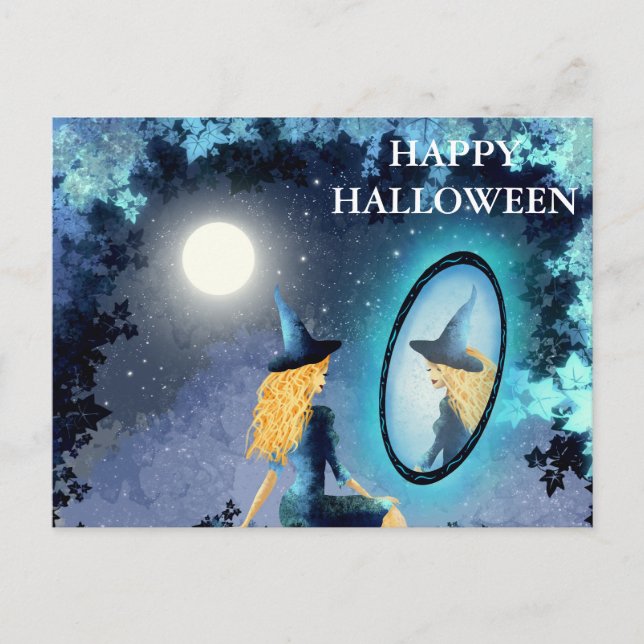 Beängstigende Halloween-Nacht mit Hexenkarte Postkarte (Vorderseite)
