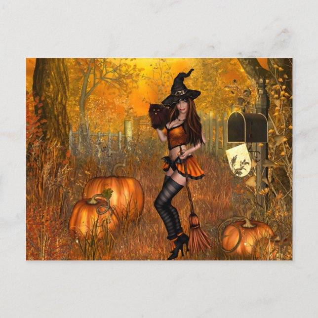 Beängstigende Halloween Postkarte mit Hexe (Vorderseite)