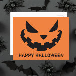 Beängstigende Kürbislaterne Custom Orange Happy Ha Postkarte<br><div class="desc">Dieses geil orangefarbene Halloween-Postkartenspiel enthält eine cool lächelnde Kürbislaterne und einen eigenen personalisierten Text. Niedliche und beängstigende Postkarten.</div>