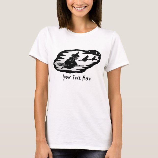 beängstigende, schwarze Fliegenhexen auf Broomstic T-Shirt (Vorderseite)