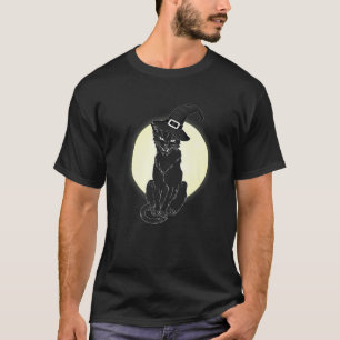 Beängstigende Schwarze Katze Kostüm Hexenhut Hallo T-Shirt