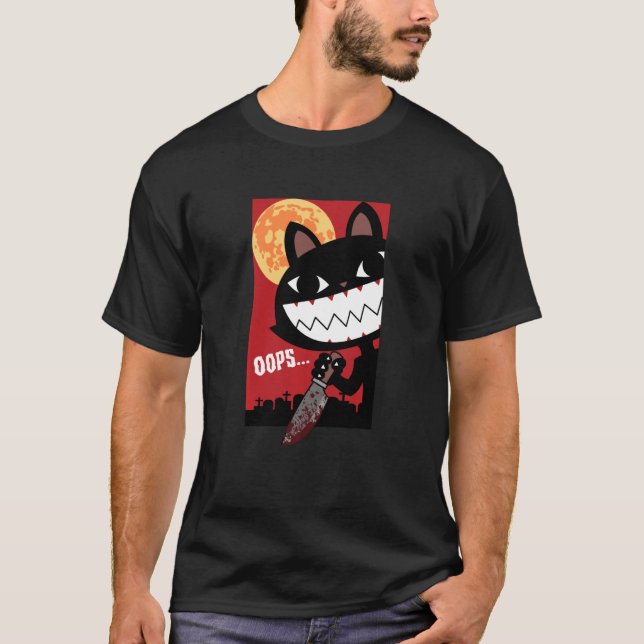 Beängstigende schwarze Katze mit Knife Halloween F T-Shirt (Vorderseite)
