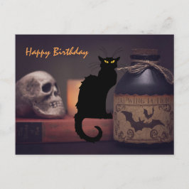 Beängstigende Schwarze Katze und Schädel Halloween Postkarte