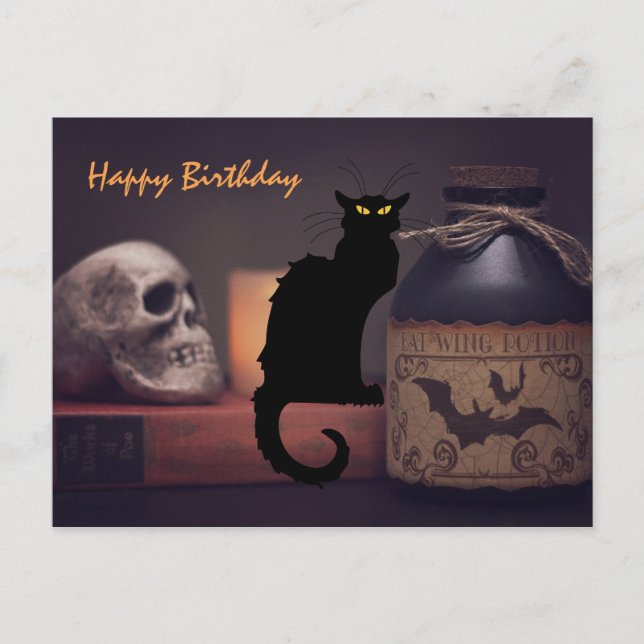 Beängstigende Schwarze Katze und Schädel Halloween Postkarte (Vorderseite)