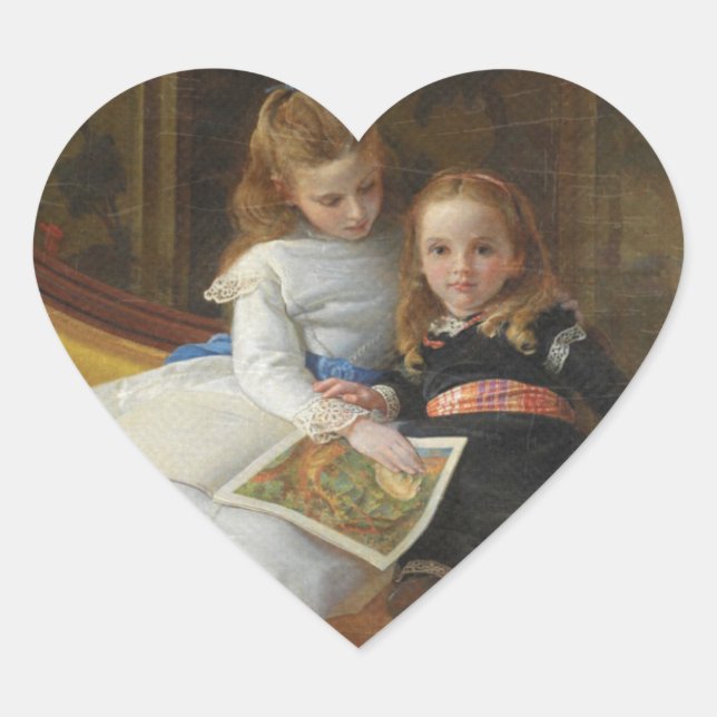 Beängstigende Viktorianischen zwei junge Mädchen Herz-Aufkleber (Vorderseite)