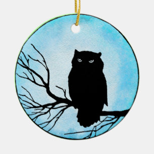 Beängstigende Vintage Eule mit Silberblauer Wasser Keramik Ornament