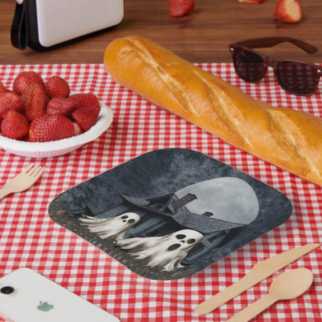 Beängstigende weiße Geister im Spuk Hintergrund Pappteller (Picknick)