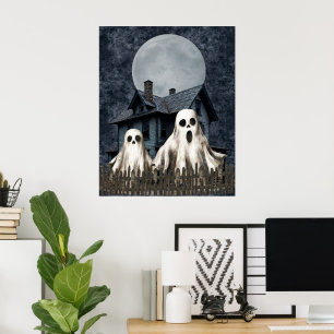 Beängstigende weiße Geister im Spuk Hintergrund Poster