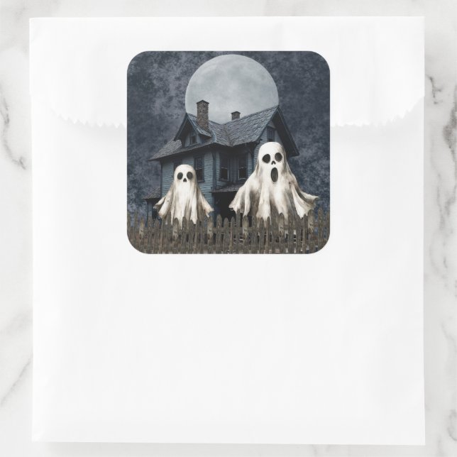 Beängstigende weiße Geister im Spuk Hintergrund Quadratischer Aufkleber (Tasche)