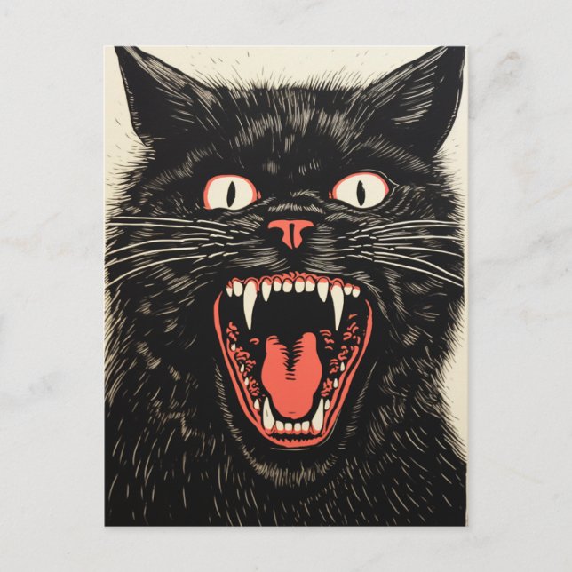 Beängstigende, wütende schwarze Katze Retro Postkarte (Vorderseite)
