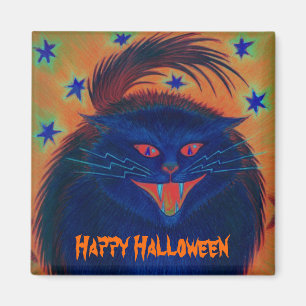 Beängstigender Cat Blue "Happy Halloween" Kühlschr Magnet