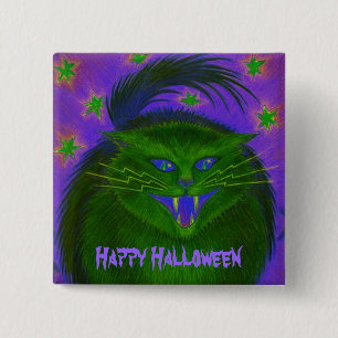 Beängstigender Cat Green 'Happy Halloween' Button