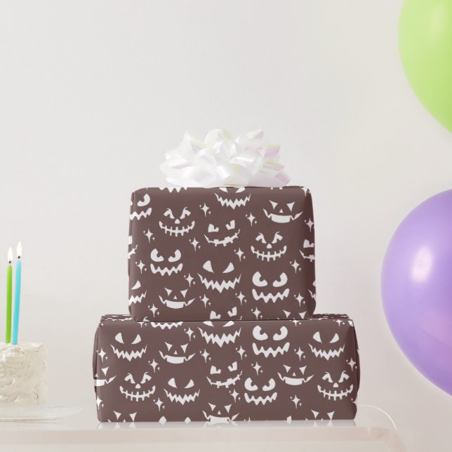 Beängstigender Jack-O' Lantern Faces Brown Hallowe Geschenkpapier (Partygeschenke)
