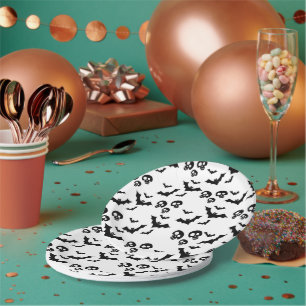 beängstigender, lustiger schwarzer Schädel und Fle Pappteller