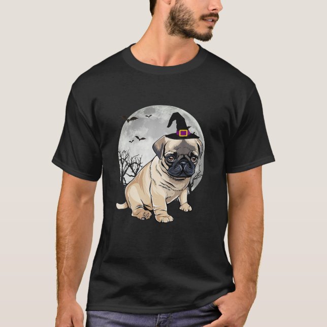 Beängstigender Mops Hund Hexenhut Halloween T-Shirt (Vorderseite)
