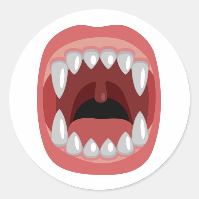 Beängstigender Mund mit Fangzähnen. Runder Aufkleber (Vorderseite)