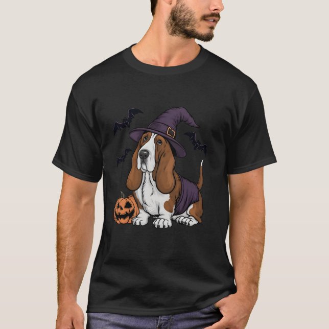 Beängstigender Pumpkin Bat Funny Hexenhut Basset H T-Shirt (Vorderseite)