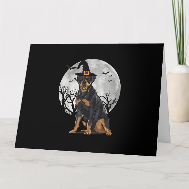 Beängstigender Rottweiler-Hund, Hexenhut Halloween Karte (Vorderseite)