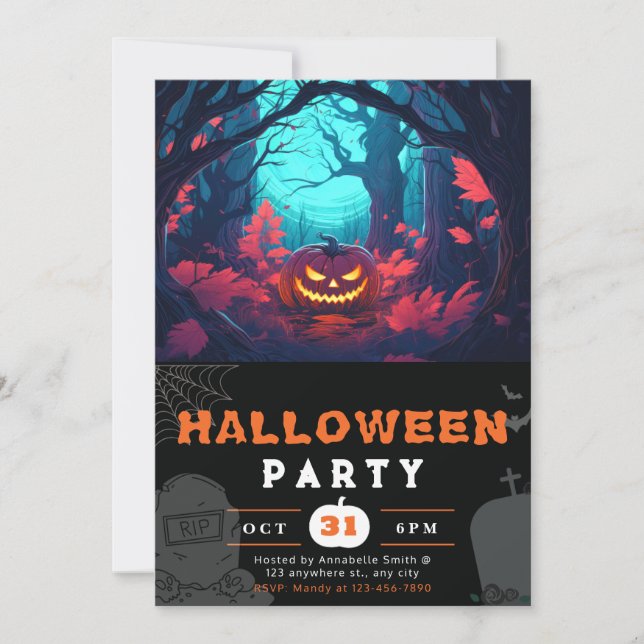 Beängstigender Wald und Jack-O' Lanterns Schwarzes Einladung (Vorderseite)