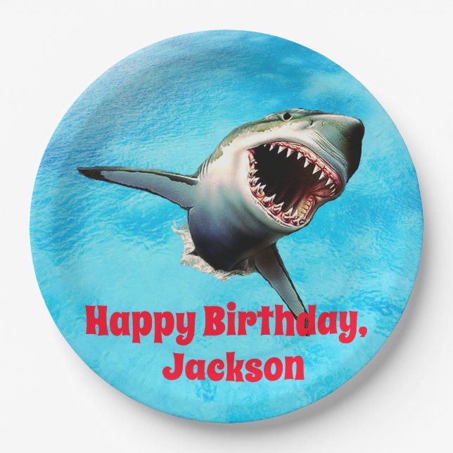 Beängstigendes großes weißer Haifisch-Springen Pappteller (Vorderseite)