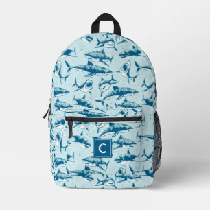 Beängstigendes Hai Muster Aqua Blue Monogram Bedruckter Rucksack