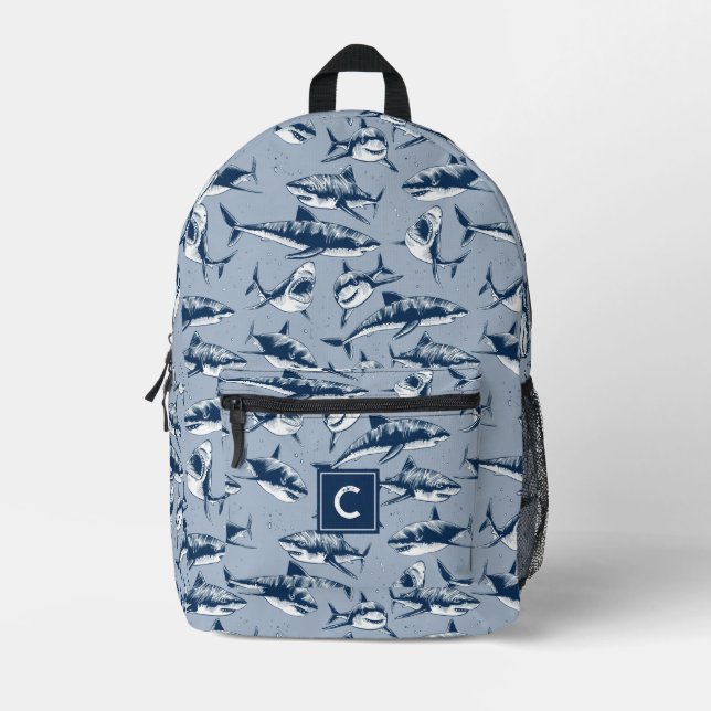 Beängstigendes Hai Muster Blaues Monogramm Bedruckter Rucksack (Vorderseite)
