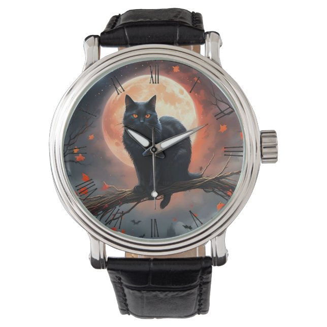 Beängstigendes Halloween Black Cat Moonlight, Armbanduhr (Vorderseite)