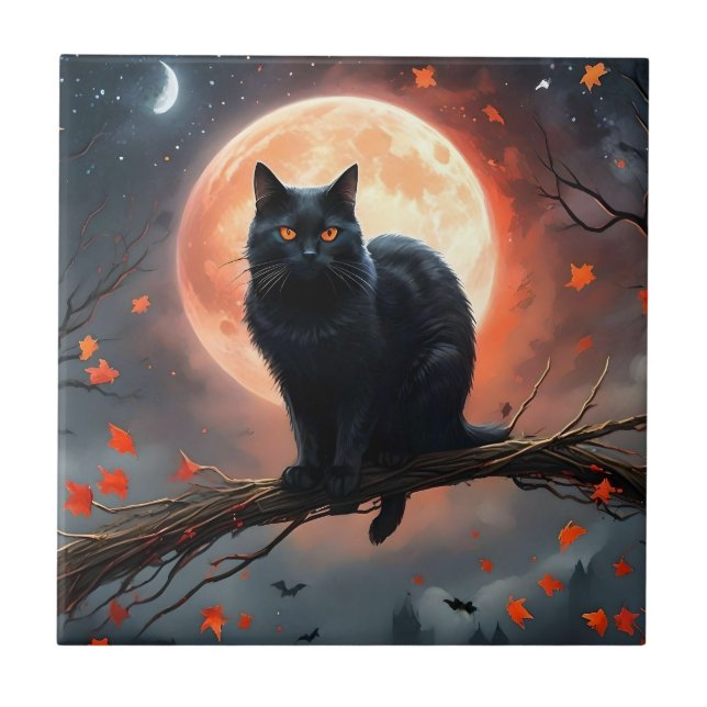 Beängstigendes Halloween Black Cat Moonlight, Fliese (Vorderseite)