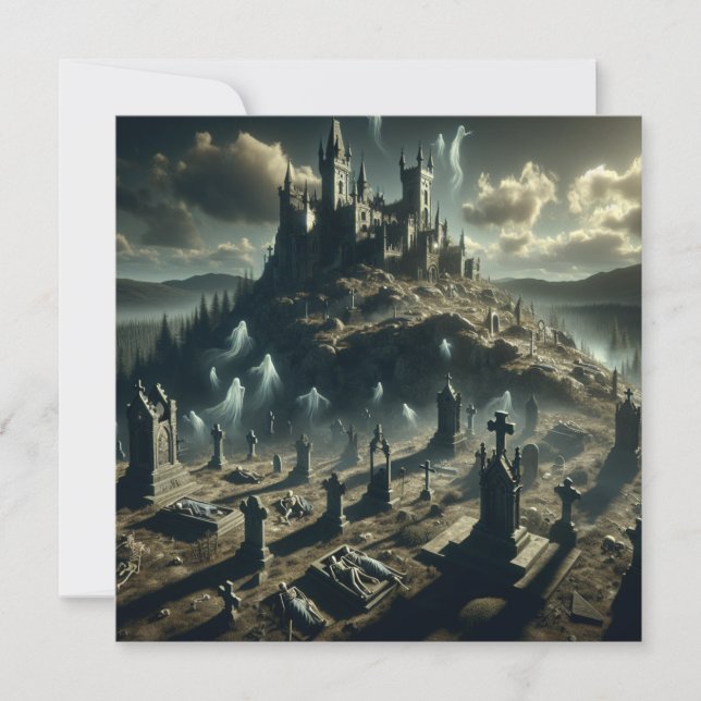Beängstigendes Halloween Spuk Schloss Friedhof Feiertagskarte (Vorderseite)